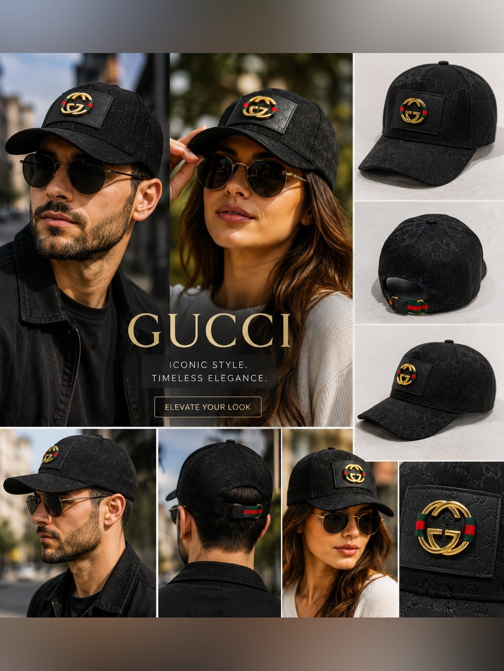 Gucci GG Monogram Black Canvas Baseball Cap NWT Made in Italy